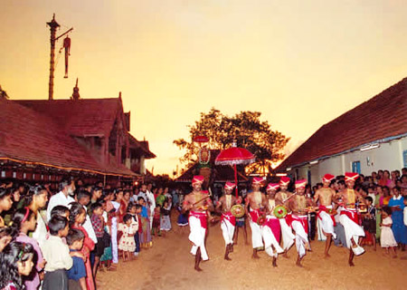 Martial dance known as Velakali is performed by Nayar Warriors in the Temple of Southern Kerala 