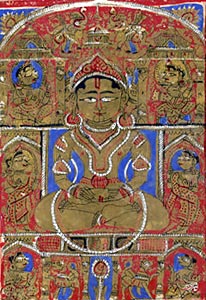 Mahavira seated in padmasana in the Pushpottara heaven, before his reincarnation on earth