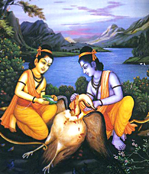 Rama and Lakshmana meet the wounded Jatayu