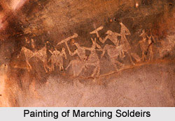 Bhimbetka - white warriors riding on horses with barbed spears