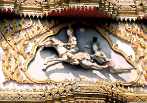 Channa,  Head Charioteer of Buddha- Siddhattha crossing the Anoma river on Kanthaka; and Channa is clinging to the tail of the horse