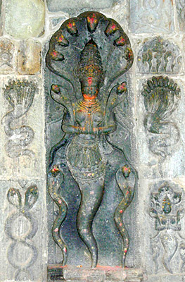 Sculpture of Nagin diety on wall at Belur