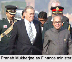 Pranab Mukherjee greets his United States counterpart Donald Rumsfeld