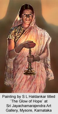 Painting by S L Haldankar titled `The Glow of Hope` at Sri Jayachamarajendra Art Gallery, Mysore, Karnataka